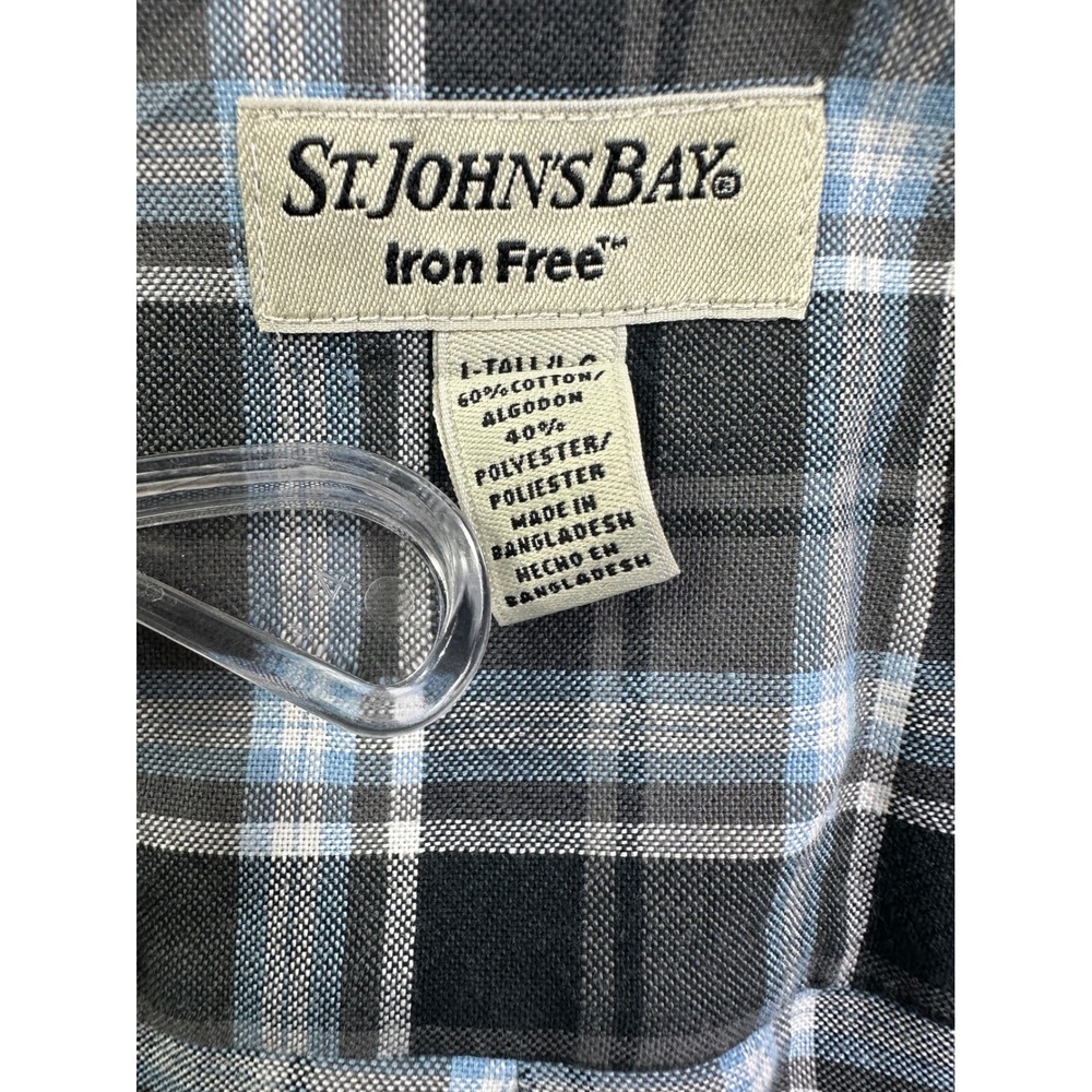 St Johns Bay Iron Free Men's Large Tall Plaid Button Down Shirt Grey Blue L-Tall